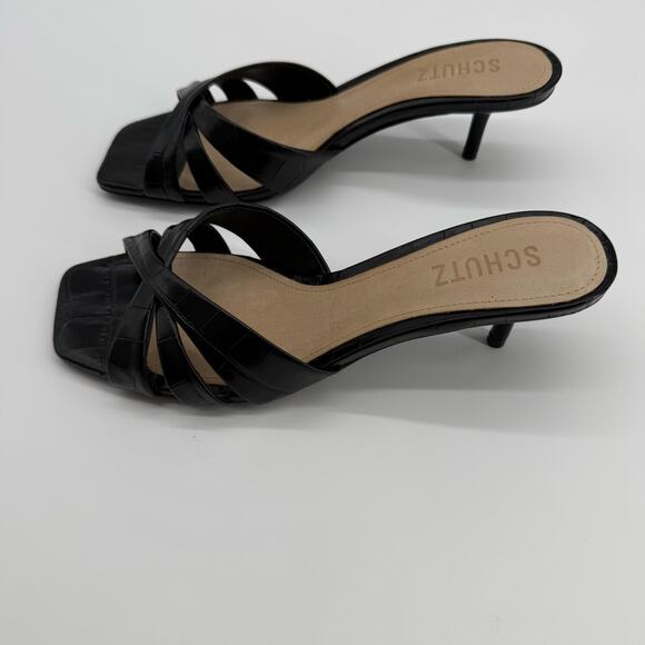 Schutz Keefa Black Croc Embossed Heeled Sandals Strappy Slip On Mules Womens 7 - Picture 9 of 14